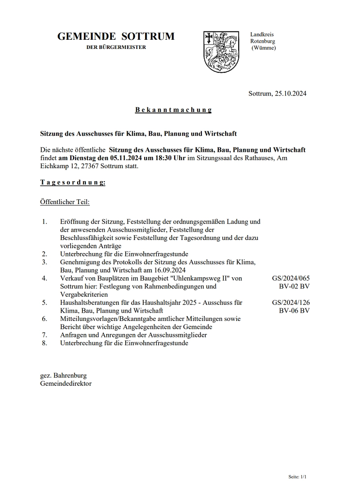 Es wird die Bekanntmachung zum Ausschuss für  Klima, Bau, Planung und Wirtschaft. am 07.11.2024 dargestellt © Samtgemeinde Sottrum