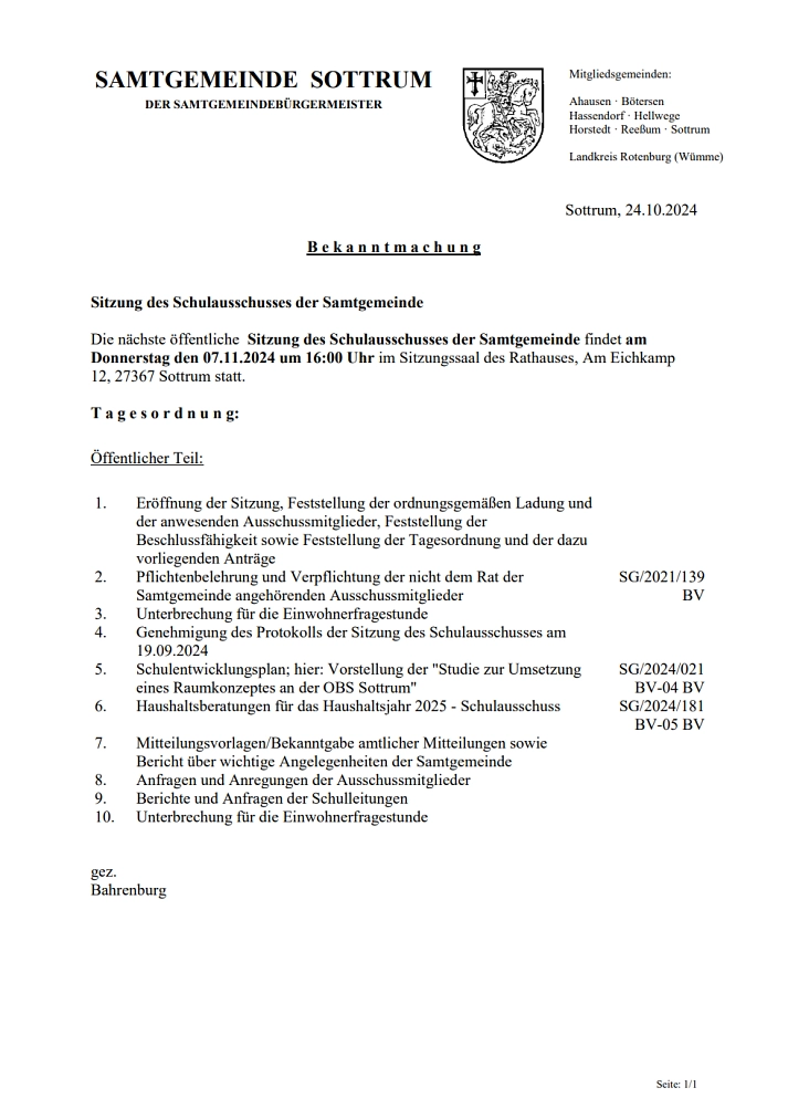 Es wird die Bekanntmachung zur Schulausschusssitzung am 07.11.2024 dargestellt © Samtgemeinde Sottrum