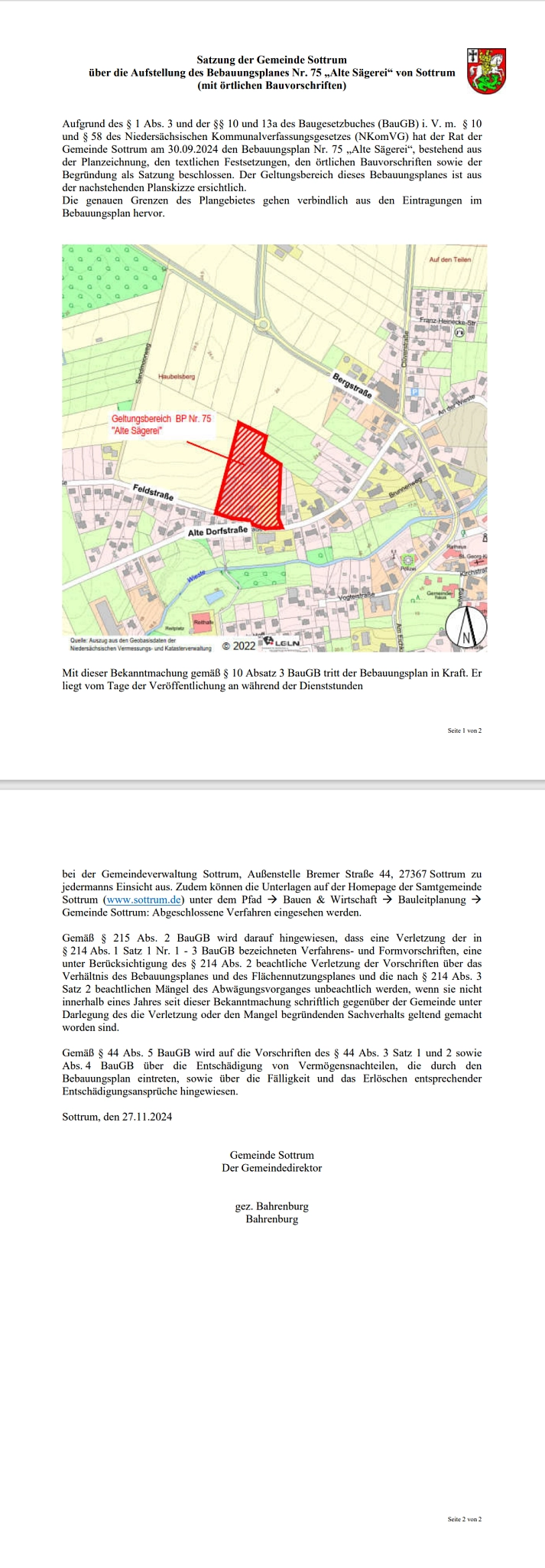 Es wird die Bekanntmachung über die Aufstellung des Bebauungsplanes Nr. 75 Alte Sägerei in Sottrum dargestellt. © Samtgemeinde Sottrum