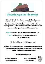 Es wird die Einladung zum Richtfest des Brettmannhauses in Stuckenborstel am 29.11.2024 dargestellt