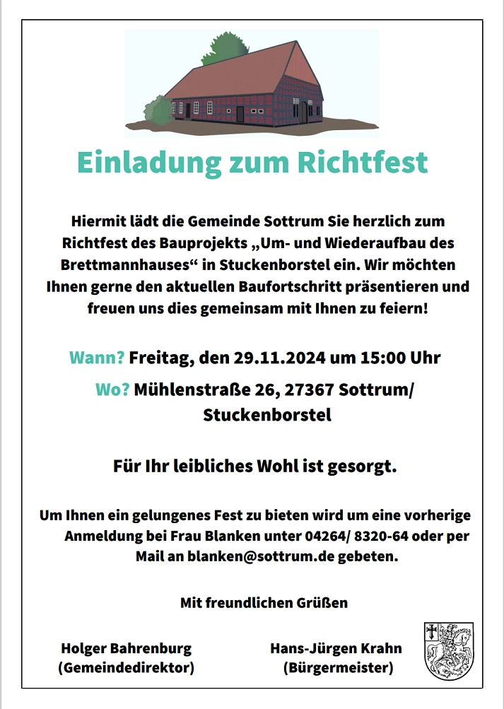 Es wird die Einladung zum Richtfest des Brettmannhauses in Stuckenborstel am 29.11.2024 dargestellt © Samtgemeinde Sottrum